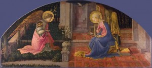 “Annunciazione” e “Sette santi”, periodo di esecuzione intorno al 1453-59, cm. 68 x 151,5 (ciascuna), tecnica a tempera su tavola, National Gallery, Londra.